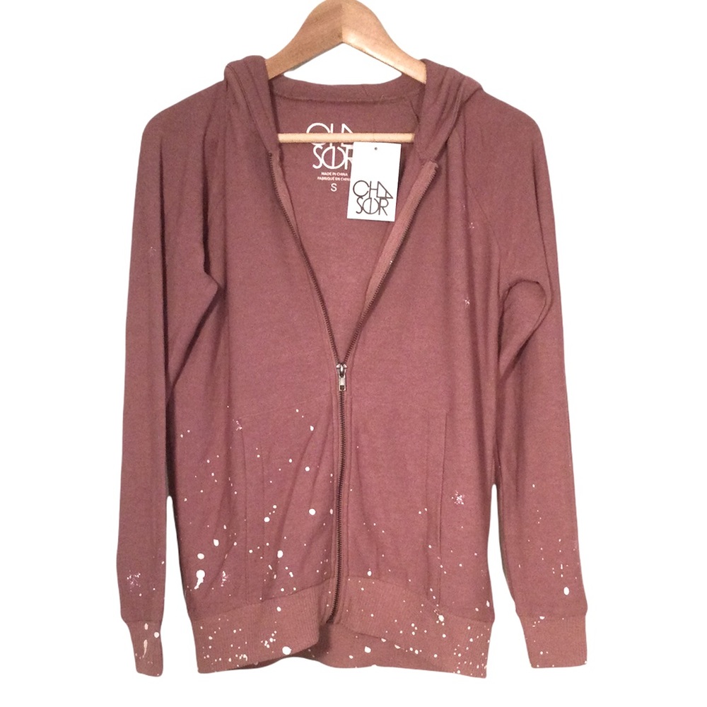 NWT CHASER Dusty Rose Paint Splatter Design Hoodie So Soft Size Small